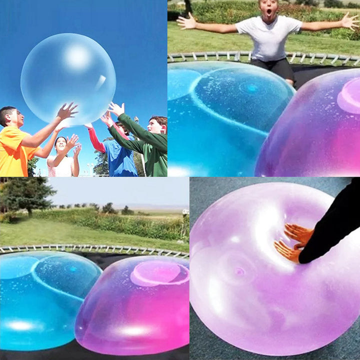 Kinderen spelen actief met mega opblaas speelbal in tuin, perfect voor strand of park. Onverwoestbaar.