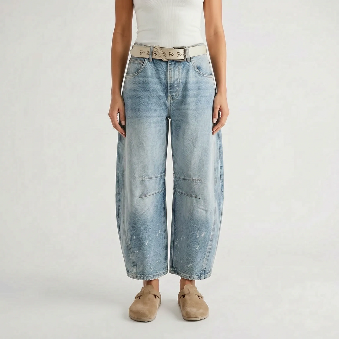 Dames barrel jeans: modieuze broek met gebogen pijpen. Comfortabele losse pasvorm, perfect voor trendy damesmode.