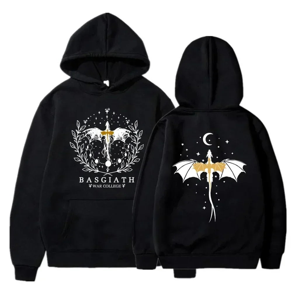 Comfortabele unisex Fourth Wing hoodie met Basgiath War College logo, ideale kleding voor fantasy boekenfans.