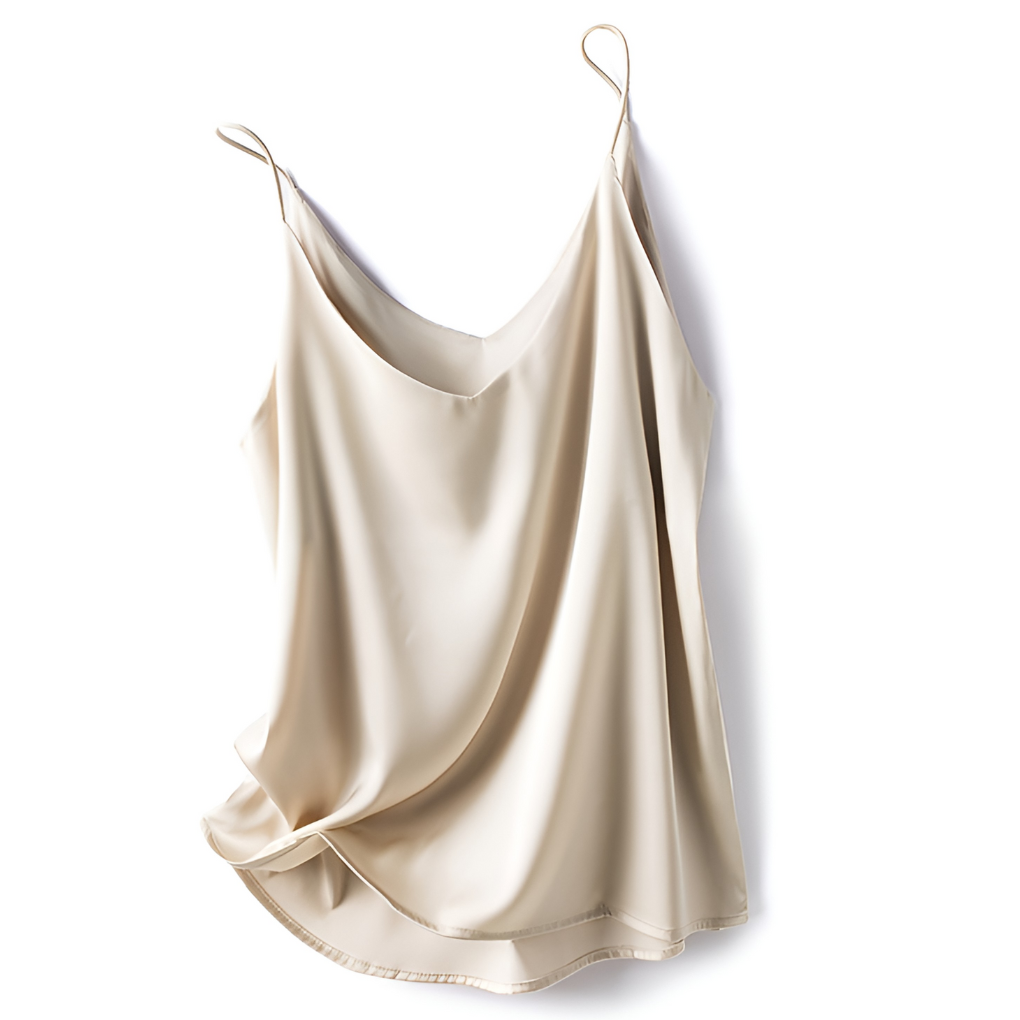 Glanzende dames top met fijne spaghettibandjes. Elegante en comfortabele basic kleding, perfect voor zomer.