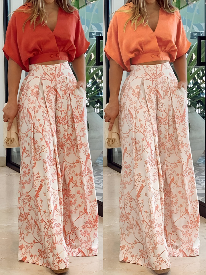 Luchtige dameskleding zomerset Estelle; tweedelige outfit met comfortabele blouse en wijde broek voor warme dagen.