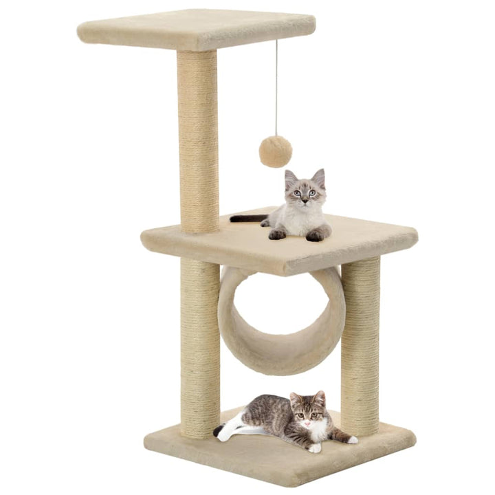 Compacte katten krabpaal (65cm) van sisal en pluche; ideaal kattenmeubel voor spelen en rusten.