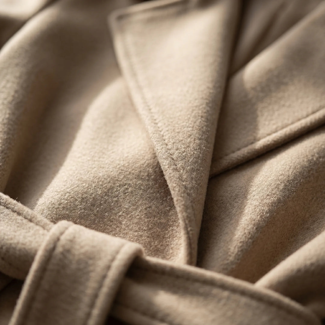 Chocoladebruine lange polyester damesjas met rechte snit en ceintuur; tijdloze dubbelgebreide bovenkleding.