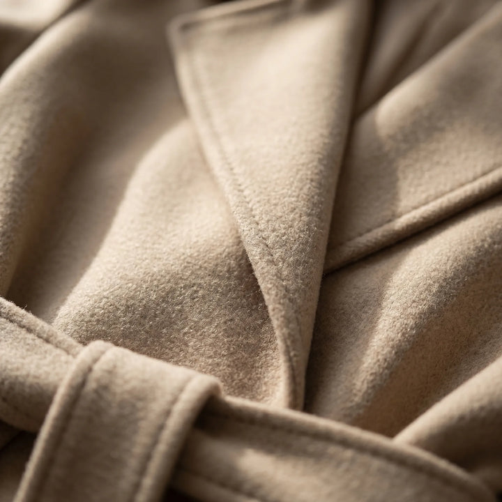 Chocoladebruine lange polyester damesjas met rechte snit en ceintuur; tijdloze dubbelgebreide bovenkleding.