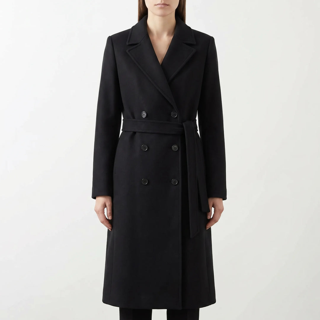 Comfortabele lange damesjas, dubbelgebreid, met ceintuur; ideale smart-casual polyester tussenjas.