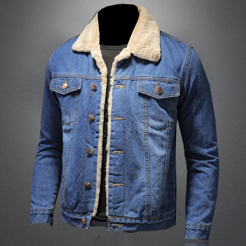 Gevoerd heren denim windjack met fleece. Een warme, trendy winterjas voor mannen die comfort en stijl waarderen.