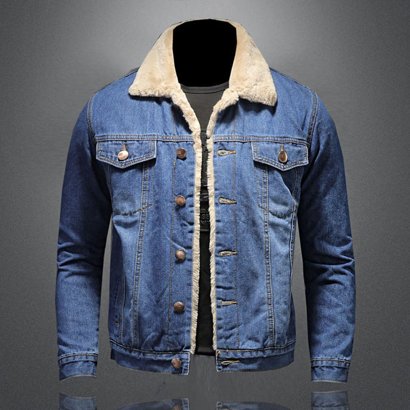 Heren stijlvol denim windjack met warme fleece voering. Ideale winterjas voor een casual en comfortabele outdoor look.