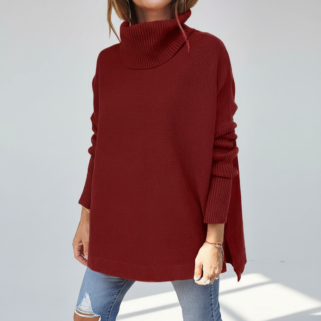 Modieuze dames pullover met hoge col, warm en chic, ideaal voor de koudere herfst/wintermaanden.