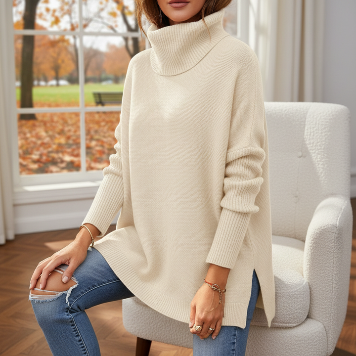 Comfortabele dames trui met col, zacht en warm, ideaal voor koude winterdagen en herfstmode.