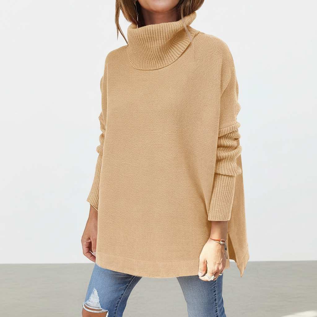 Dames warme trui met col, gecombineerd met jeans voor een casual herfstoutfit. Comfortabel.