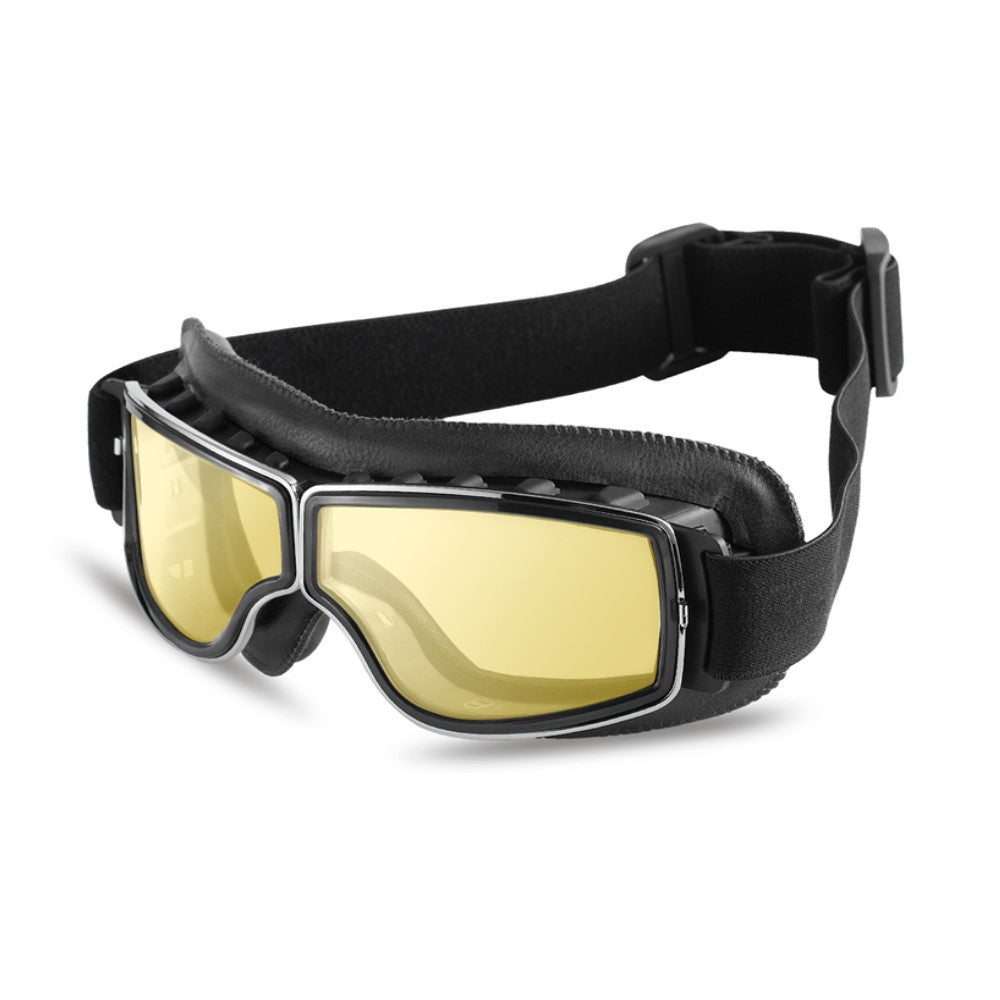 Detail van vintage motorfiets goggles, klassieke leren riem en heldere lenzen voor veiligheid.