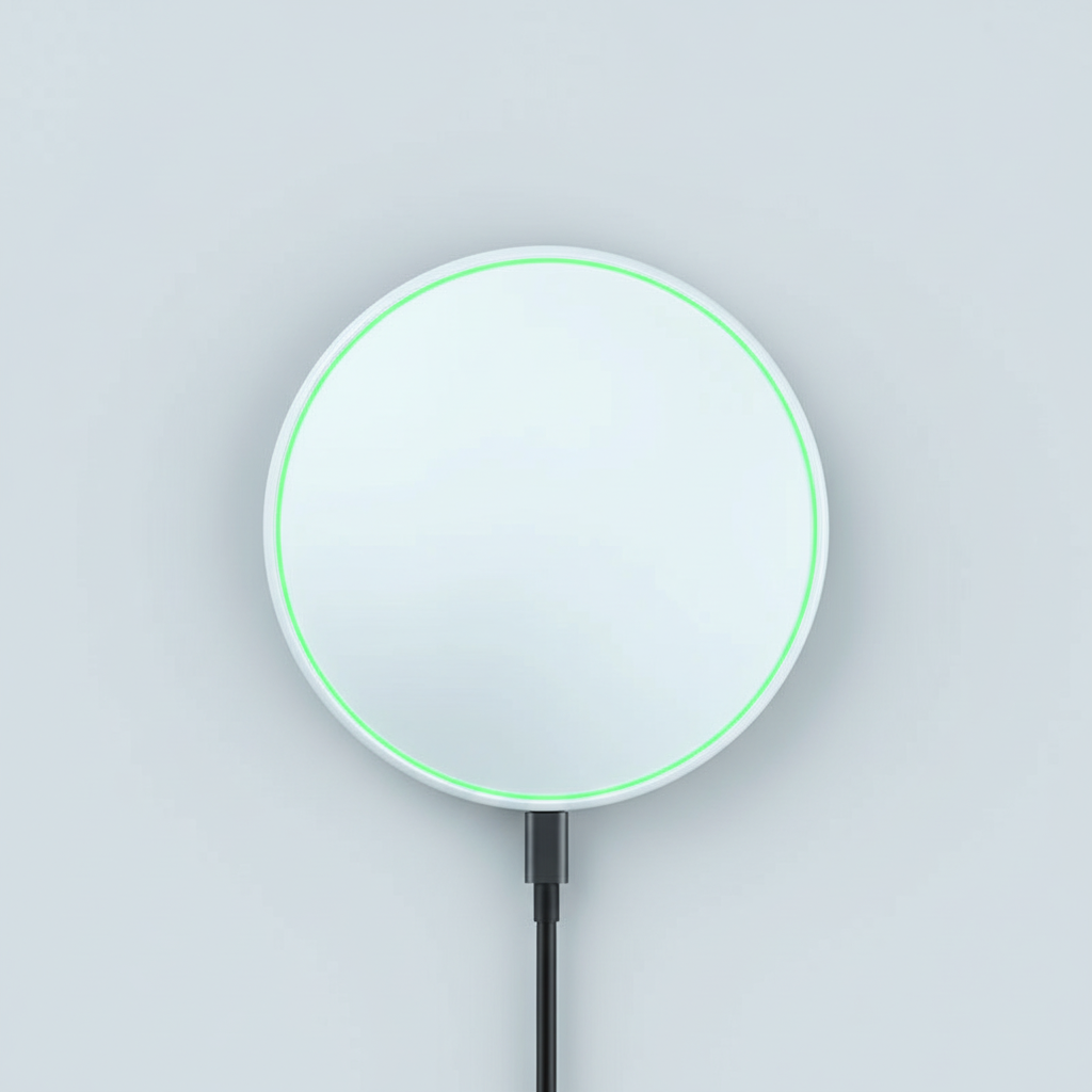 Minimalistische zwarte 30W draadloze telefoonoplader, perfecte accessoire voor de moderne smartphone.