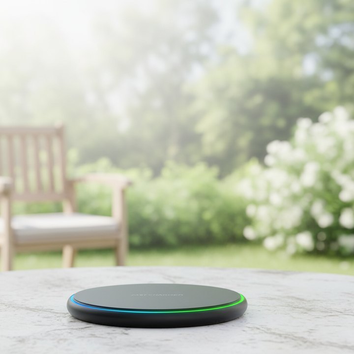 Zwarte 30W universele draadloze oplader voor smartphones, QuickCharge technologie voor snel laden.