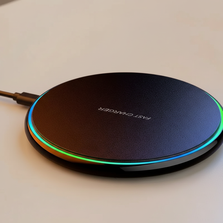 Compacte draadloze telefoonoplader 30W op modern bureau met smartphone, essentieel gadget.