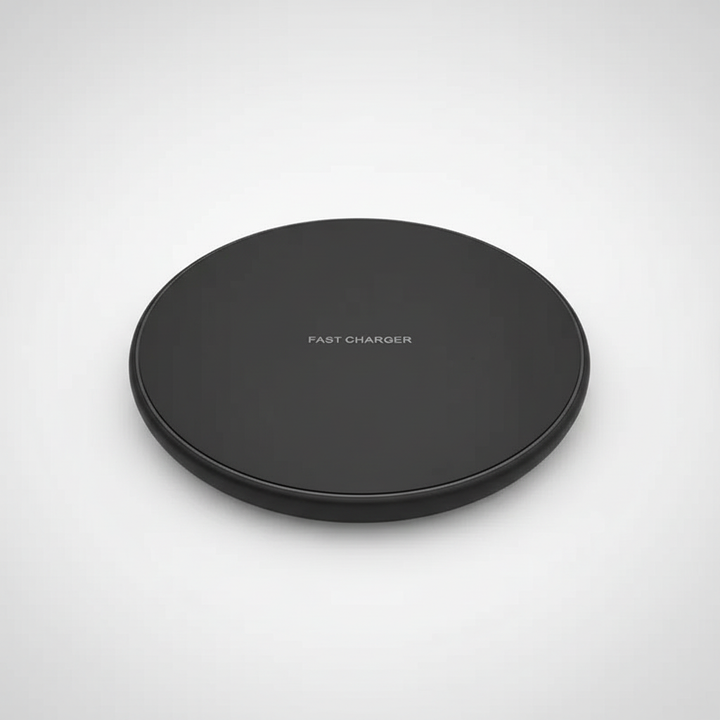Slanke, zwarte draadloze 30W snellader, elegant design voor snelle smartphone-energie.