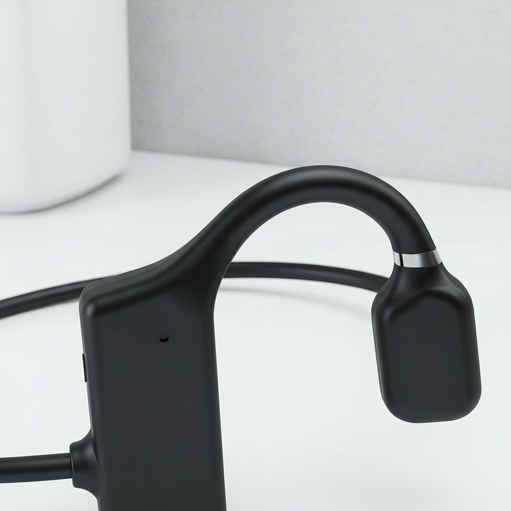 Zwarte open oor bluetooth koptelefoon met botgeleiding voor langdurig draagcomfort, unisex design.