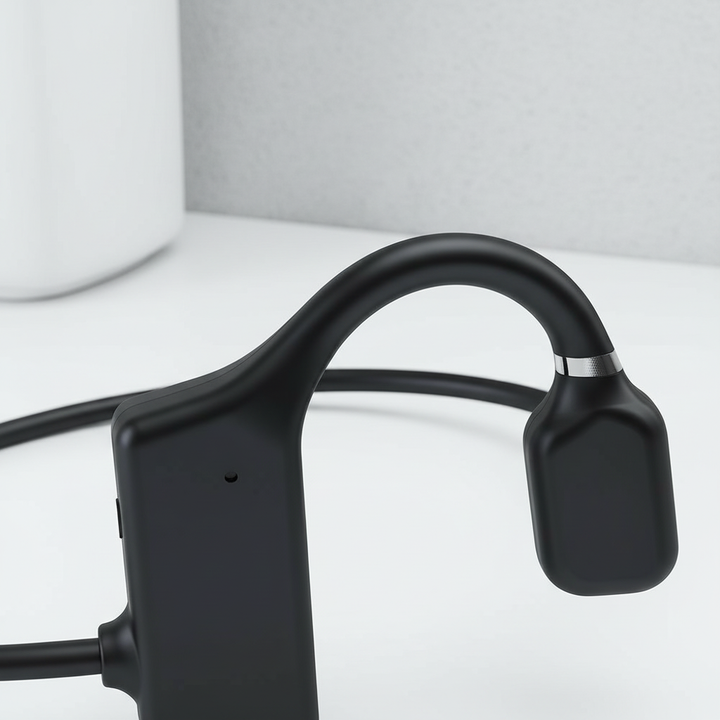Zwarte open oor bluetooth koptelefoon met botgeleiding voor langdurig draagcomfort, unisex design.