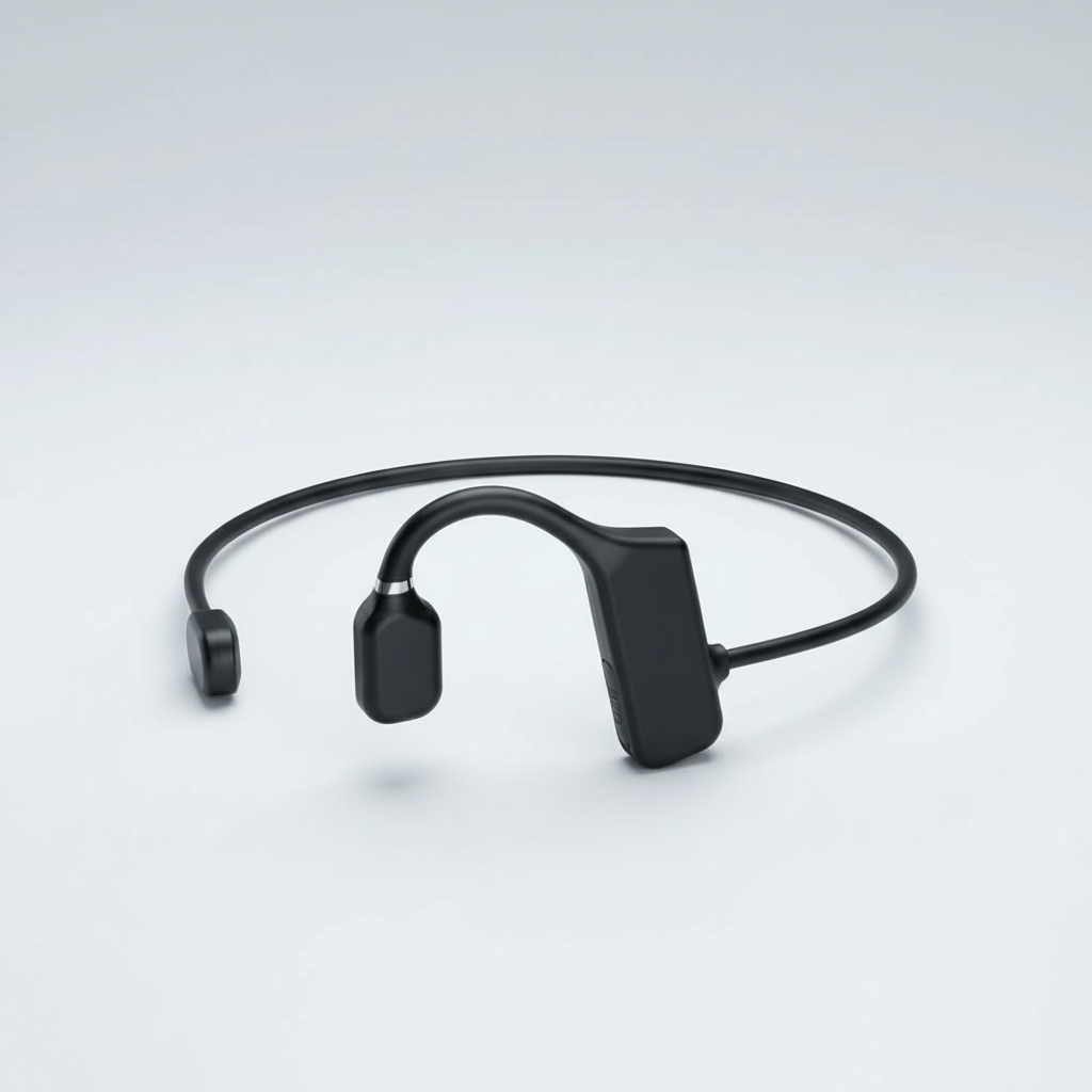 Detail van de ergonomische oorhaak van de botgeleiding koptelefoon, voor stabiele pasvorm tijdens sport.