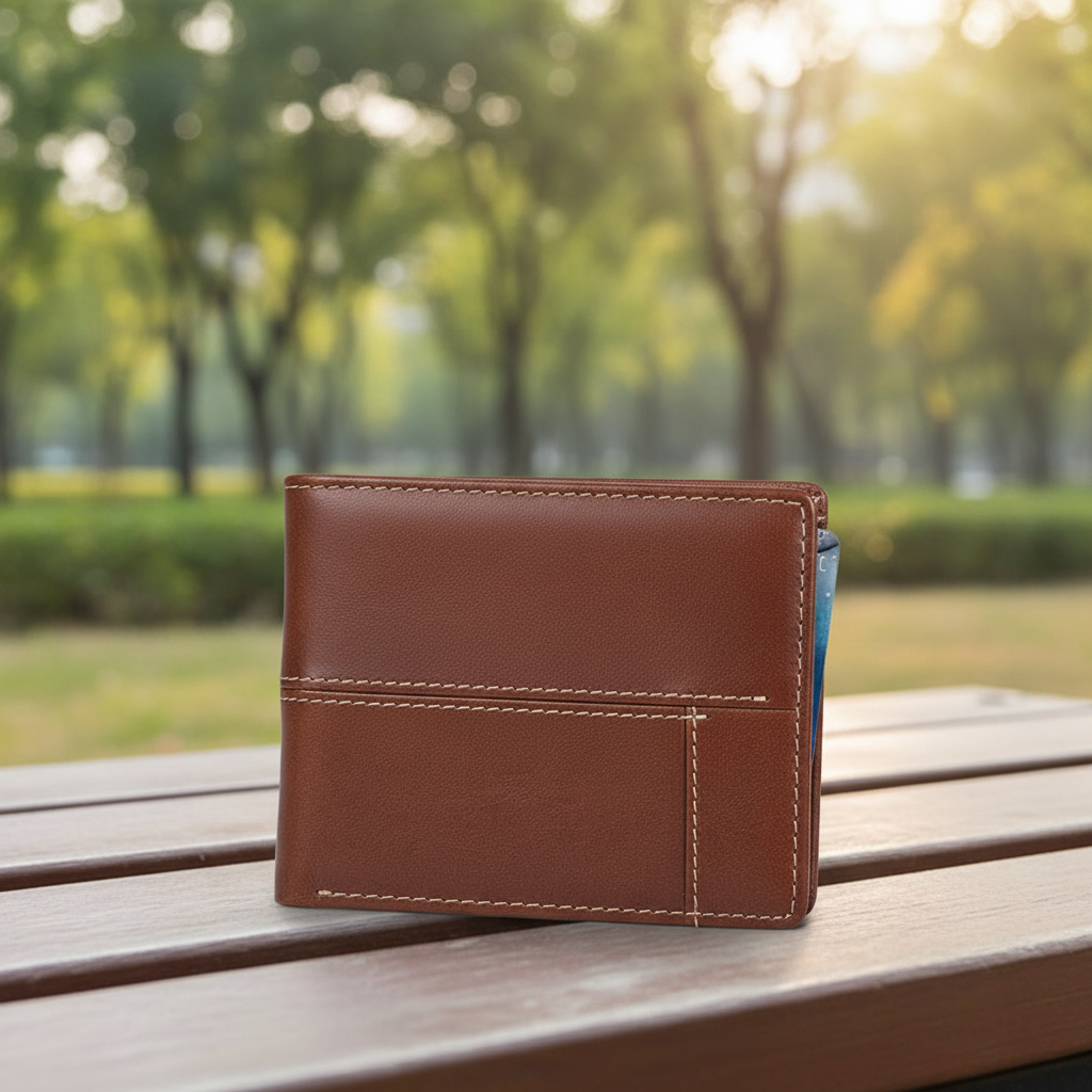 Heren leren bifold portemonnee met RFID-bescherming. Compact en veilig voor pasjes.