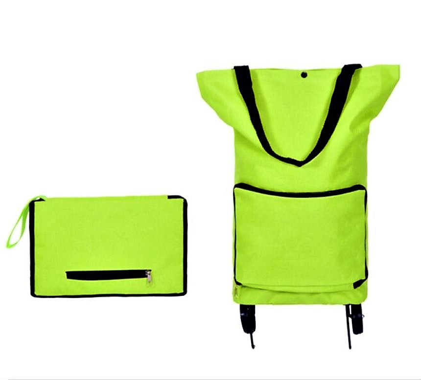 Stijlvolle unisex opvouwbare boodschappentas met wielen, verkrijgbaar in groen-oranje design.