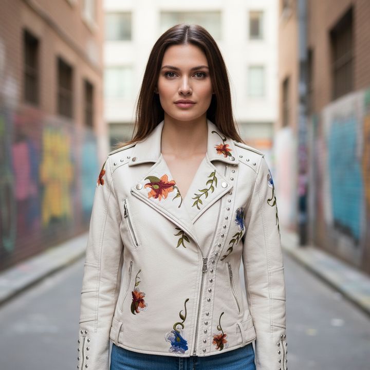 Dames leren bikerjack Martina met geborduurde bloemendetails, stijlvol en uniek voor elke outfit.