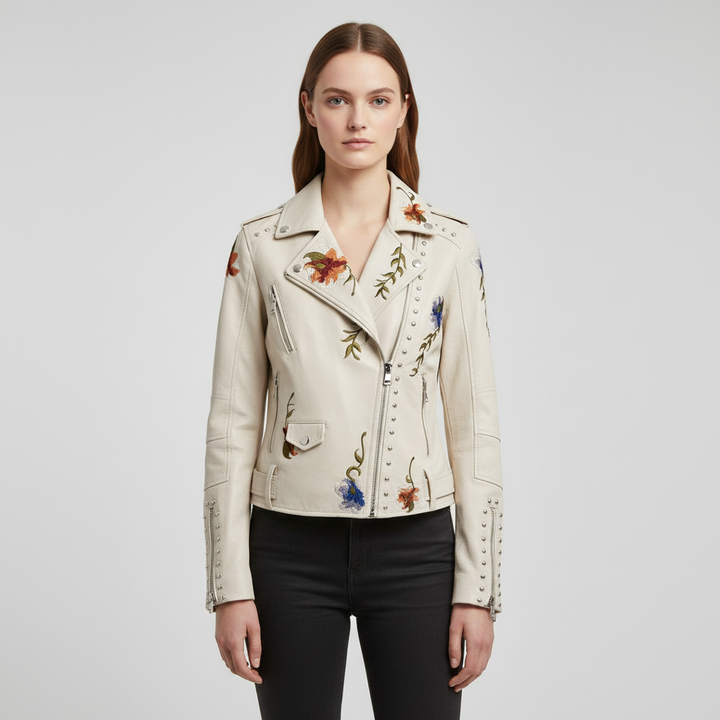 Elegant zwart dames bikerjack met prachtig geborduurd bloemendesign, een fashion statement voor dames.