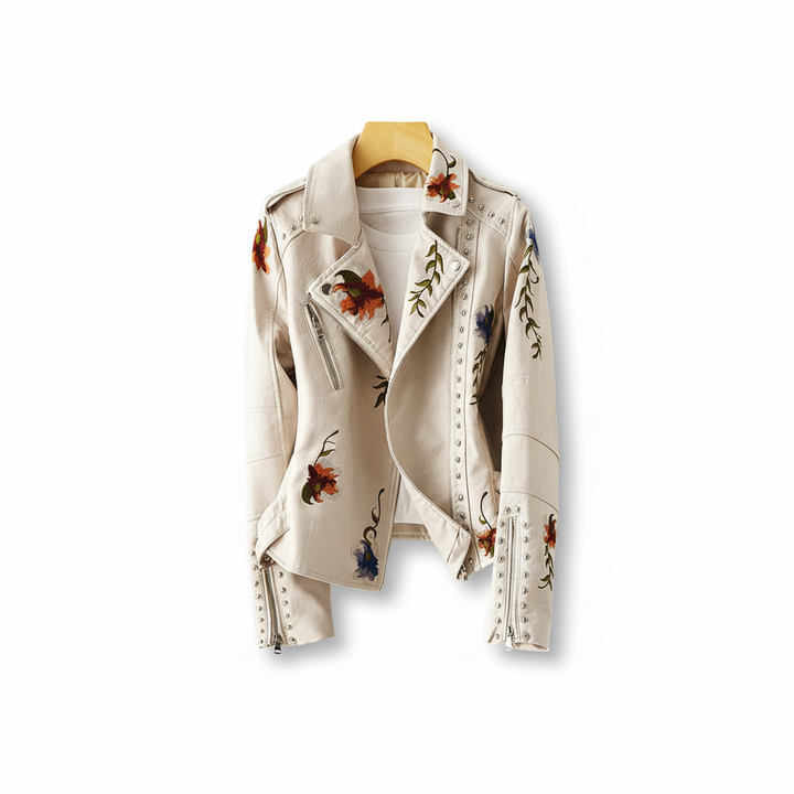 Stijlvol dames bikerjack van leer met delicate bloemen, perfect voor een unieke en modieuze look.
