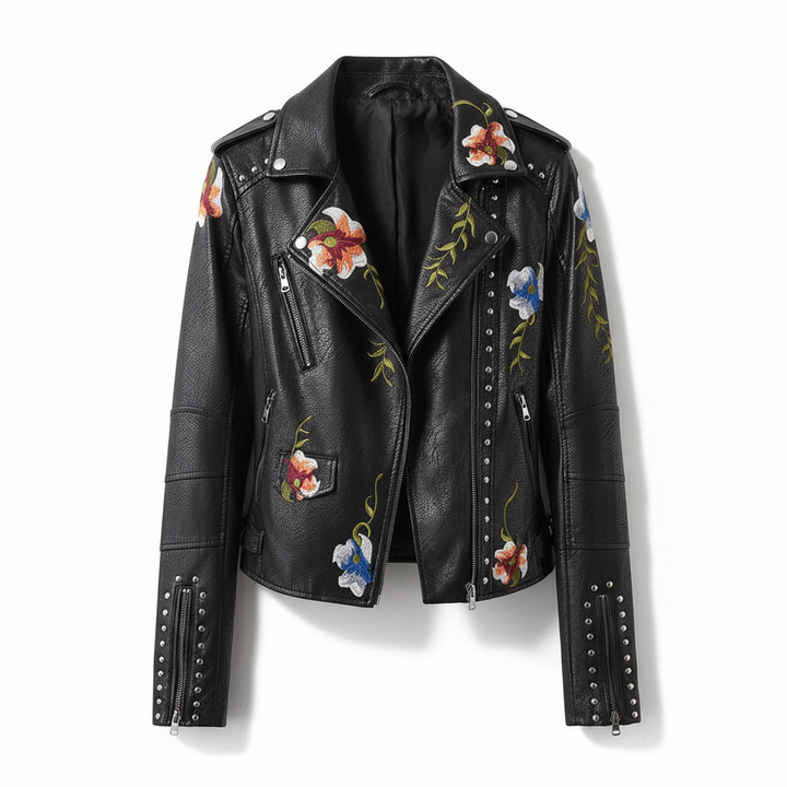 Geborduurd damesjack: zwart leren bikerjack met bloemen, ideaal voor zowel casual als chique gelegenheden.