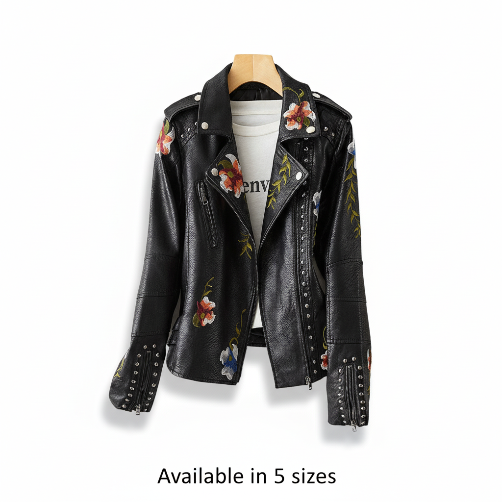 Martina dames bikerjack met geborduurde bloemen; een tijdloos leren jack dat comfort en stijl combineert.