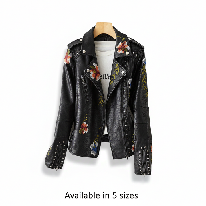 Martina dames bikerjack met geborduurde bloemen; een tijdloos leren jack dat comfort en stijl combineert.