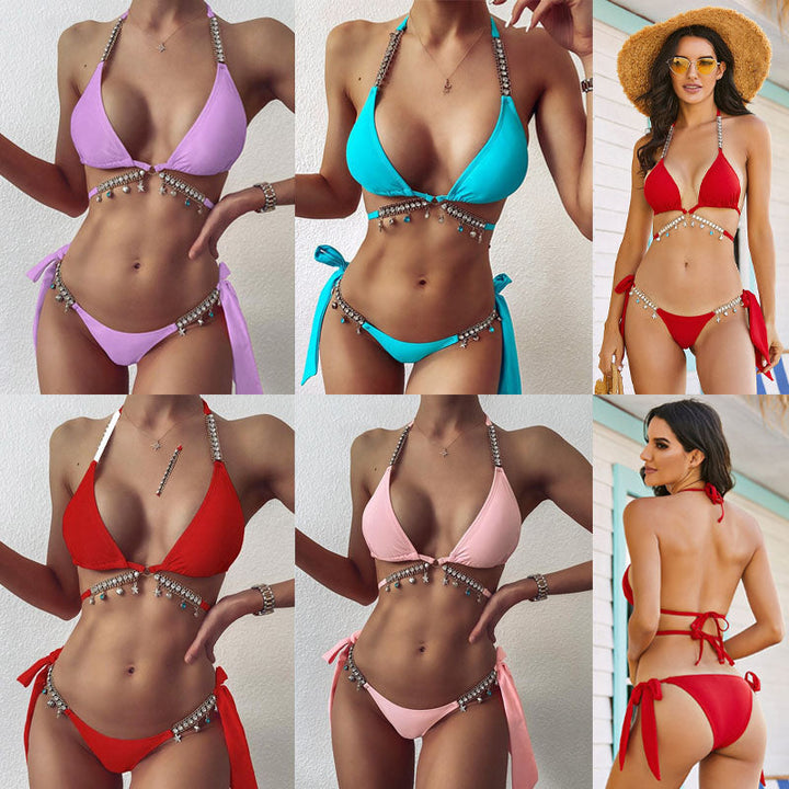 Luxe damesbikini met fonkelende kristallen en diamanten details, ideaal voor de zomer.