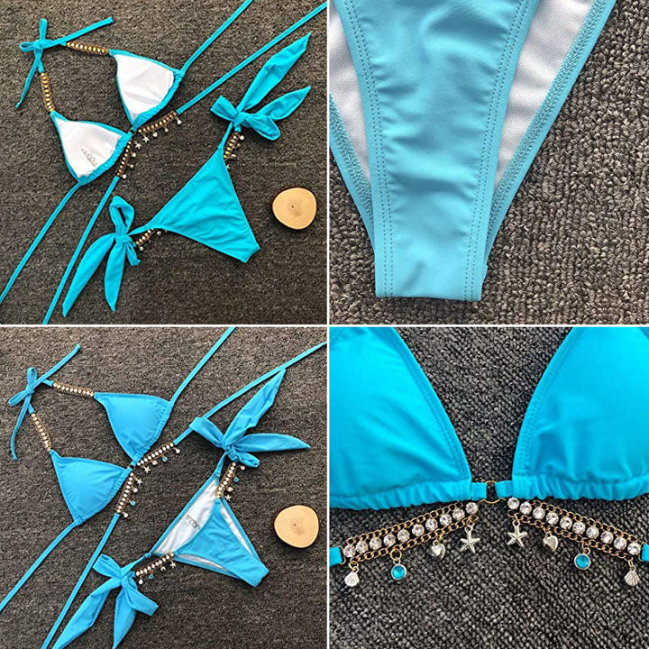 Dames beachwear: schitterende crystal diamond bikini, ideaal voor luxe strandvakanties.