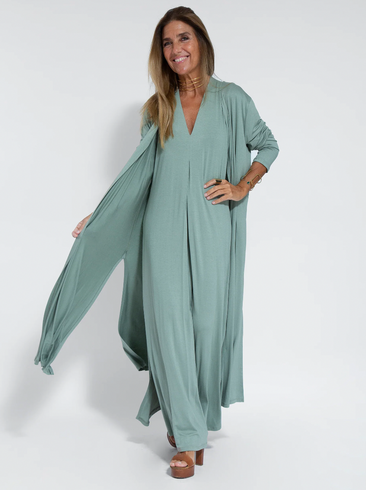 Stijlvolle tweedelige dames jurk & vest set, ideaal voor lente/zomer gelegenheden.