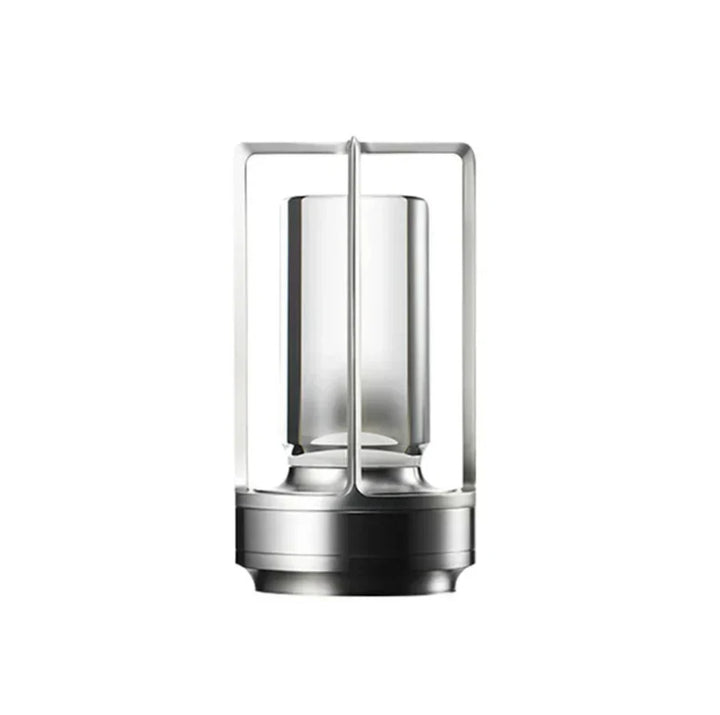 Elegante zilveren SolisAura draadloze lantaarn. Moderne sfeerlamp voor huisdecoratie, buiten- of binnenverlichting.