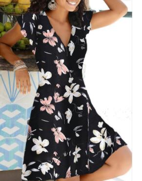 Frisse dames zomerjurk met bloemenprint en V-hals, comfortabele mode voor de zomer.
