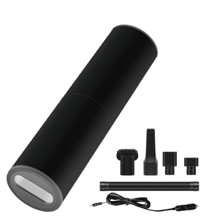 Zwarte compacte draadloze stofzuiger voor auto en huis. Krachtige snoerloze mini stofzuiger voor snelle reiniging.