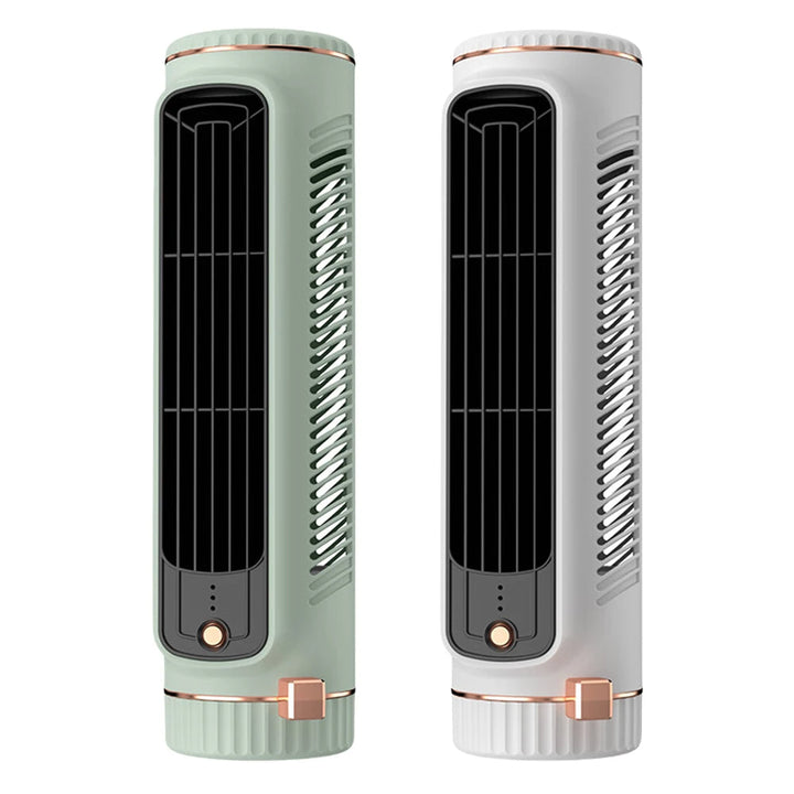 Witte bladloze USB bureauventilator, stil en draagbaar, ideaal voor zomerse dagen op kantoor of thuis.