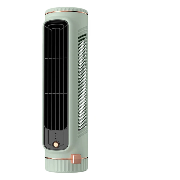 Groene draagbare bladloze ventilator die stil verkoeling biedt op je bureau in kantoor of slaapkamer.