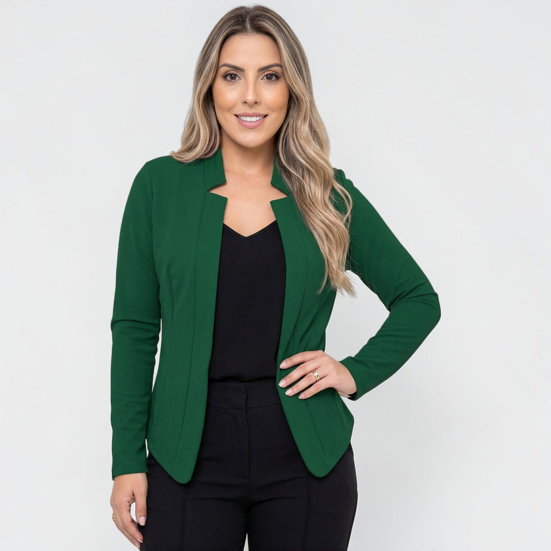 Stijlvolle donkerblauwe open dames blazer voor een moderne kantooroutfit.