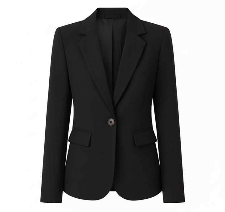 Zakelijke damesblazer gedragen door model. Stijlvolle en elegante jas, perfect voor kantoor en formele gelegenheden.