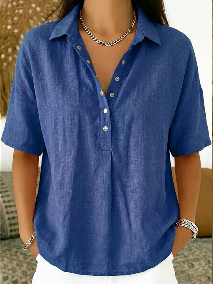 Elegante effen dames blouse met V-hals en kraag, comfortabel en veelzijdig voor dagelijkse mode.
