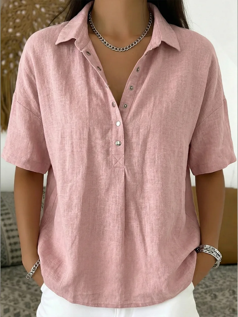 Modieuze casual chic dames top met kraag en korte mouwen, comfortabel en veelzijdig voor elk seizoen.