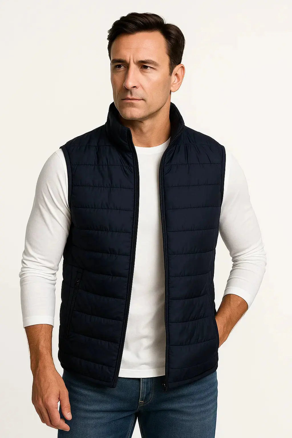 Donkerblauwe heren bodywarmer, lichtgewicht en warm, perfect voor casual gelaagde kleding.