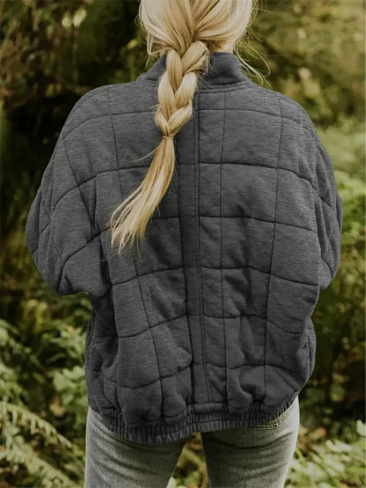 Dames lente/herfst bomberjack, oversized en comfortabel, met opstaande kraag en rits.