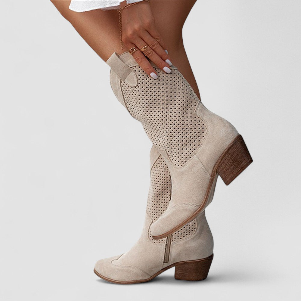 Westernstijl dameslaarzen met spitse neus, ideaal als zomer- of lentelaarzen. Ademend en comfortabel.