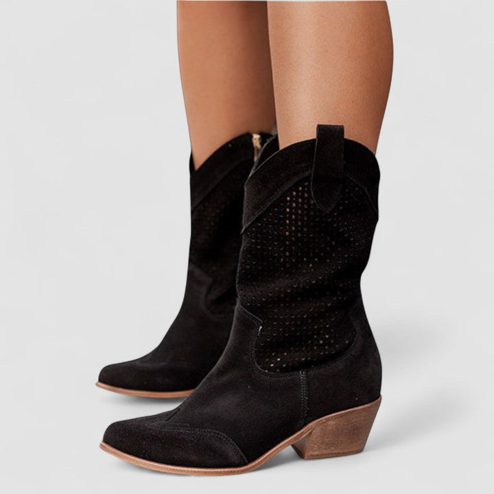 Casual-elegante damesboots in westernstijl, met comfortabele blokhak en spitse neus voor elke dag.