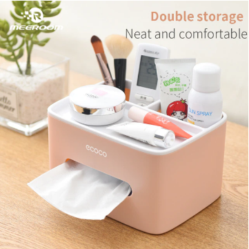 Kantoor organizer: handige opbergdoos met tissuehouder voor pennen, notities en tissues, van plastic/hout.