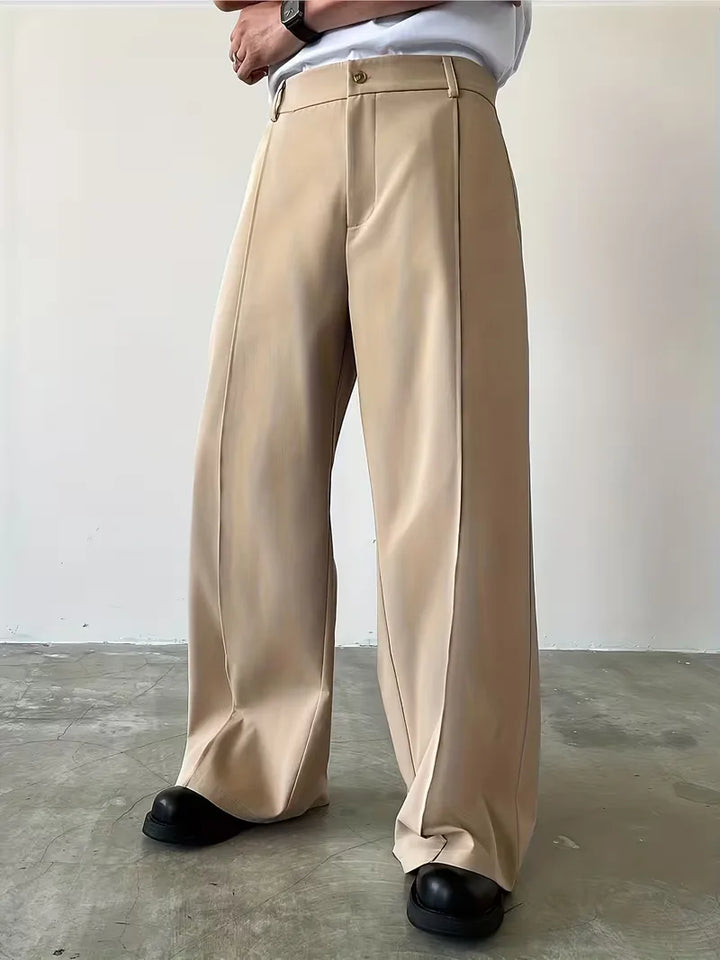 Khaki heren geplooide broek met losse rechte pijp voor comfort.