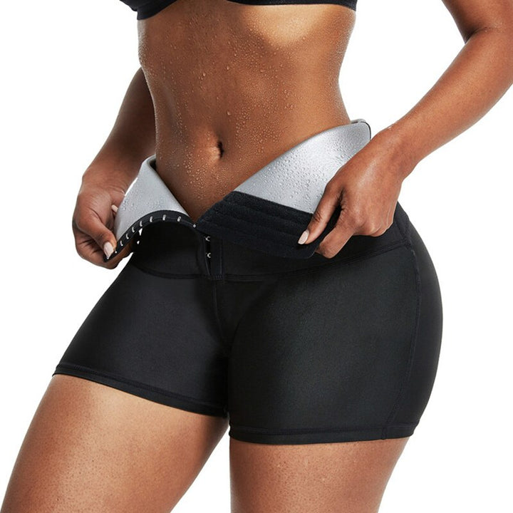 Zwarte neopreen afslankbroek voor dames fitness. Verhoogt zweetproductie, ideaal voor workouts en afslanken.