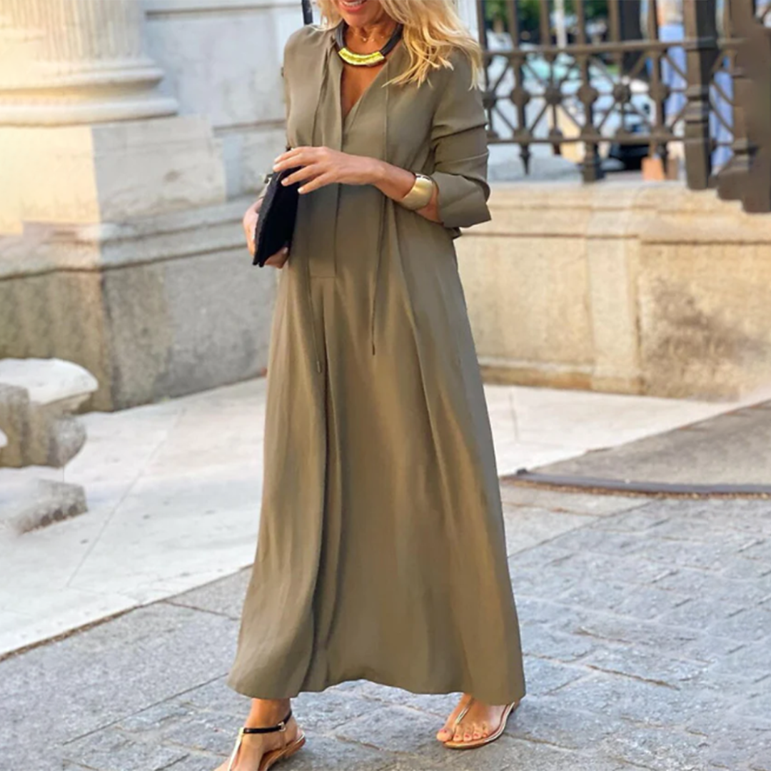 Veelzijdige dames maxi jurk met lange mouwen, geschikt voor lente, zomer & herfst. Casual en elegant.